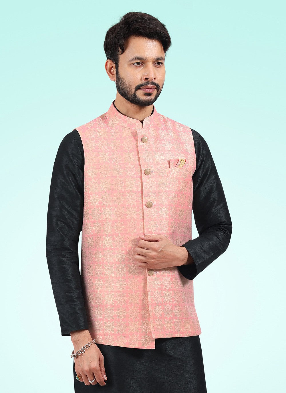 Fancy Work Banarasi Jacquard Black, Pink Kurta Payjama With Jacket - M4597