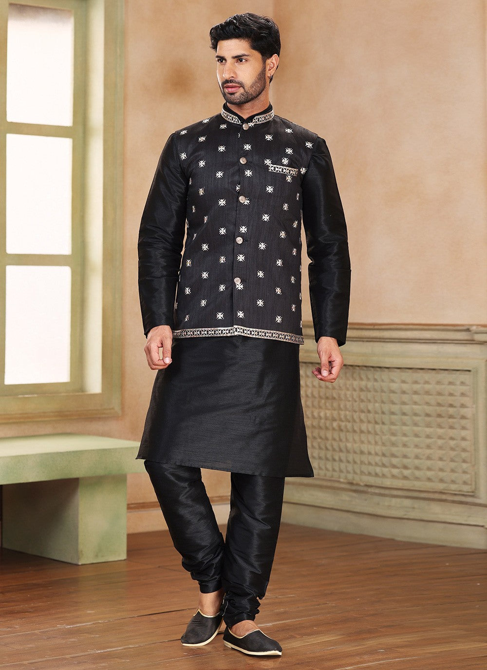 Embroidered Banarasi Jacquard Black Kurta Payjama With Jacket - M5232