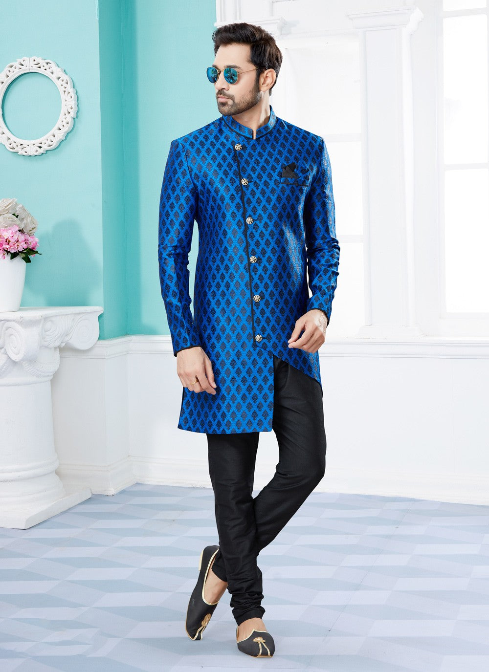 Embroidered Banarasi Jacquard Blue Indo Western Sherwani - M3906