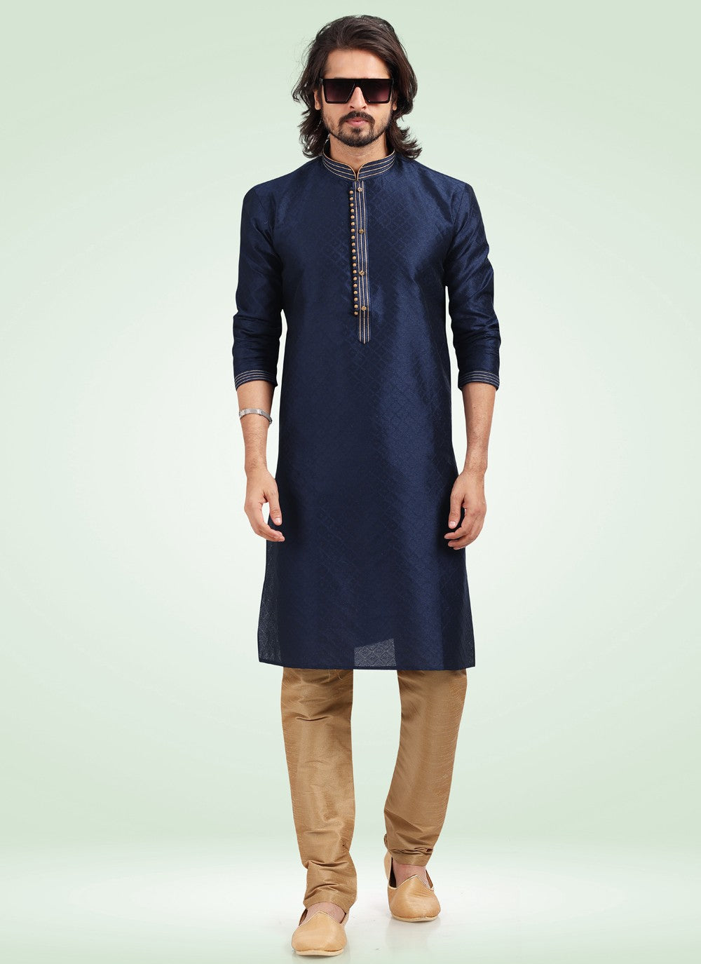 Fancy Work Banarasi Jacquard Blue Kurta Pyjama - M4578