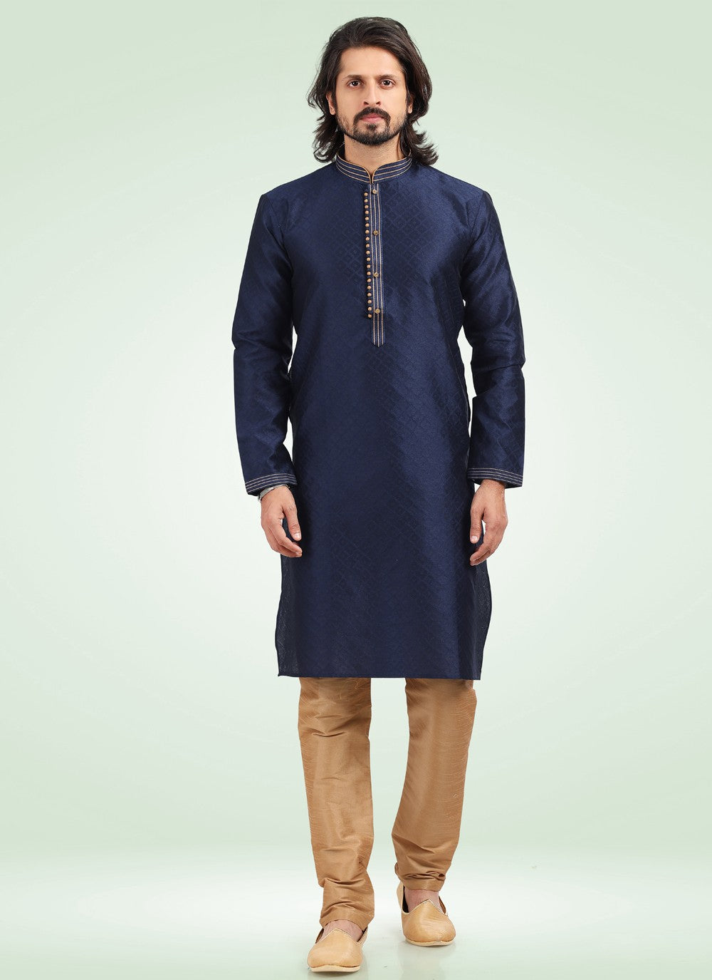 Fancy Work Banarasi Jacquard Blue Kurta Pyjama - M4578