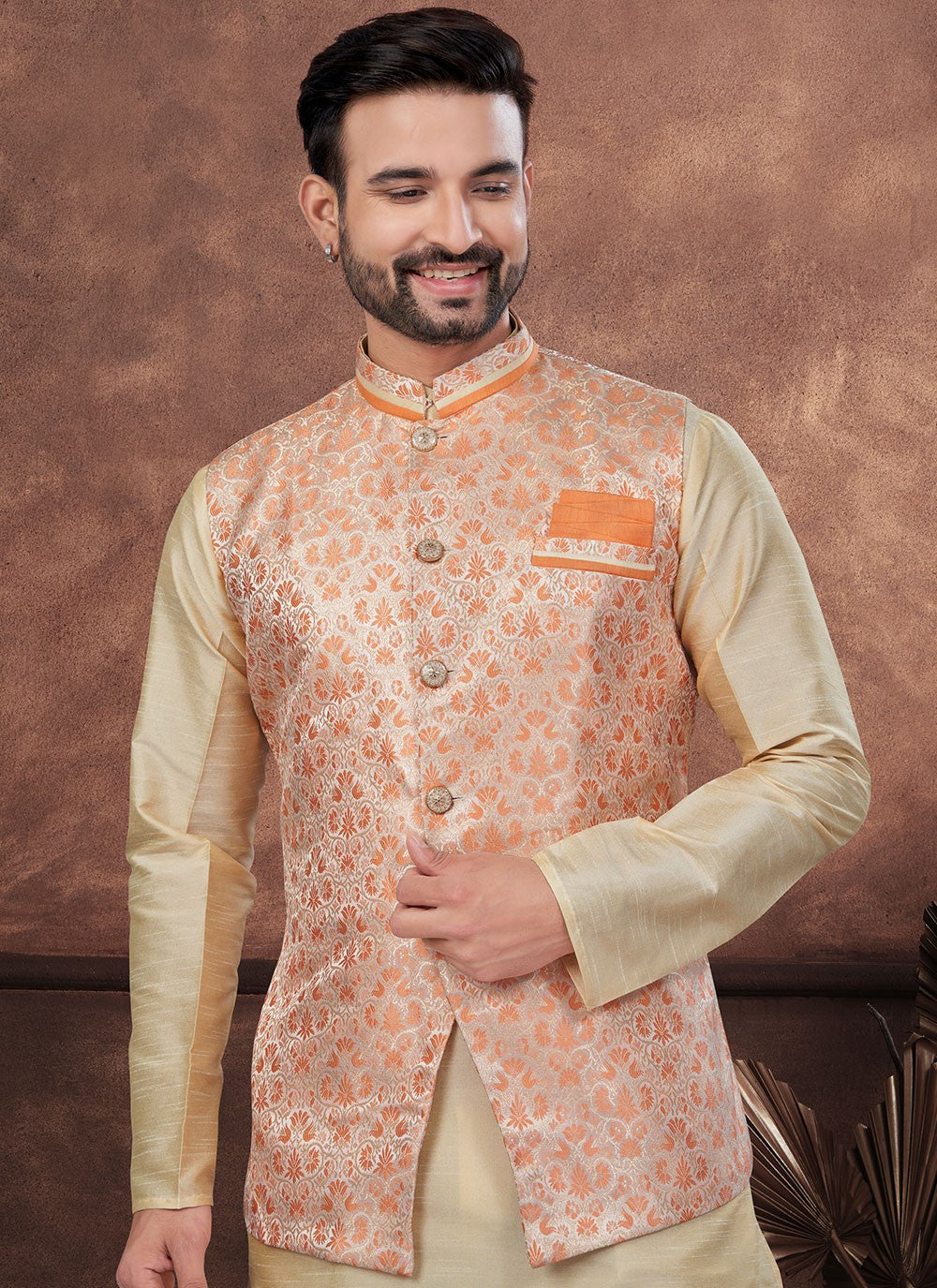 Buttons Banarasi Jacquard, Dupion Silk Brown, Peach Kurta Payjama With Jacket - M8668