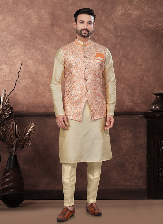 Buttons Banarasi Jacquard, Dupion Silk Brown, Peach Kurta Payjama With Jacket - M8668