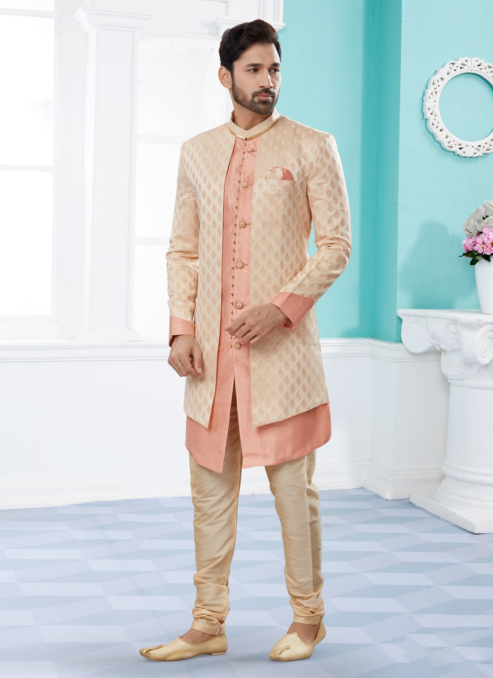 Thread Banarasi Jacquard Cream, Peach Indo Western Sherwani - M3933