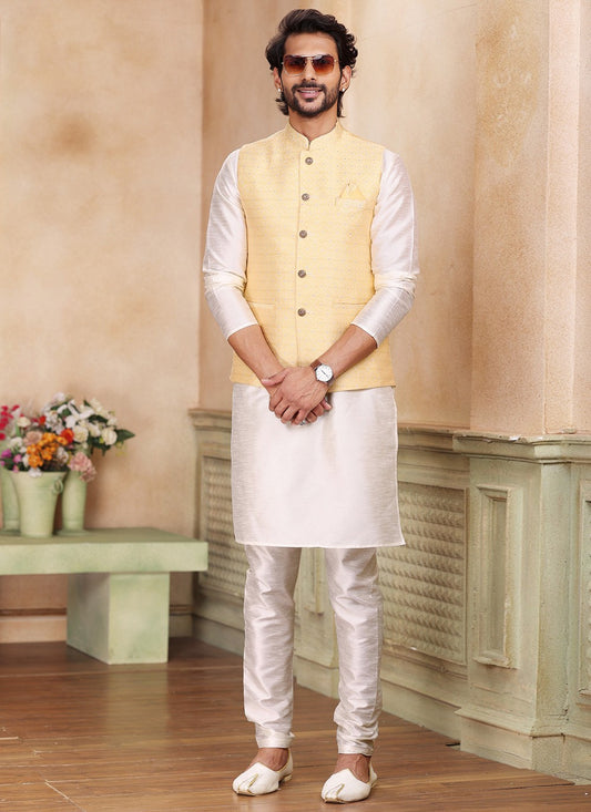 Embroidered Banarasi Jacquard Cream, Yellow Kurta Payjama With Jacket - M5233