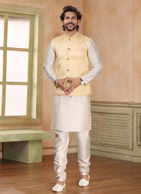 Embroidered Banarasi Jacquard Cream, Yellow Kurta Payjama With Jacket - M5228