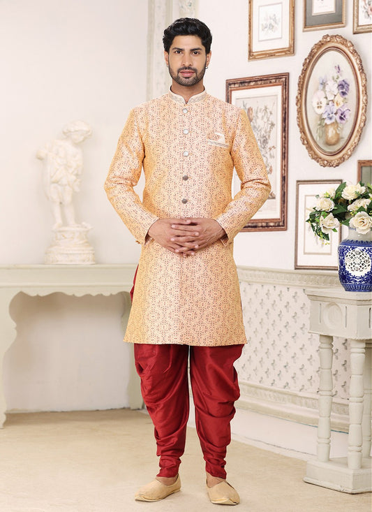 Fancy Work Banarasi Jacquard Cream Indo Western - M5249