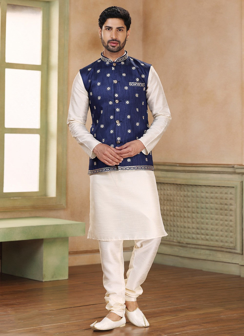 Embroidered Banarasi Jacquard Blue, Cream Kurta Payjama With Jacket - M5231