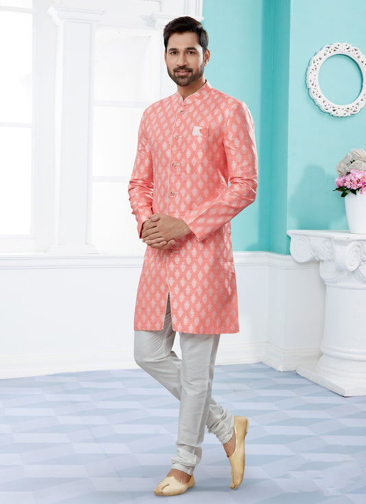 Embroidered Banarasi Jacquard Peach Indo Western Sherwani - M3915