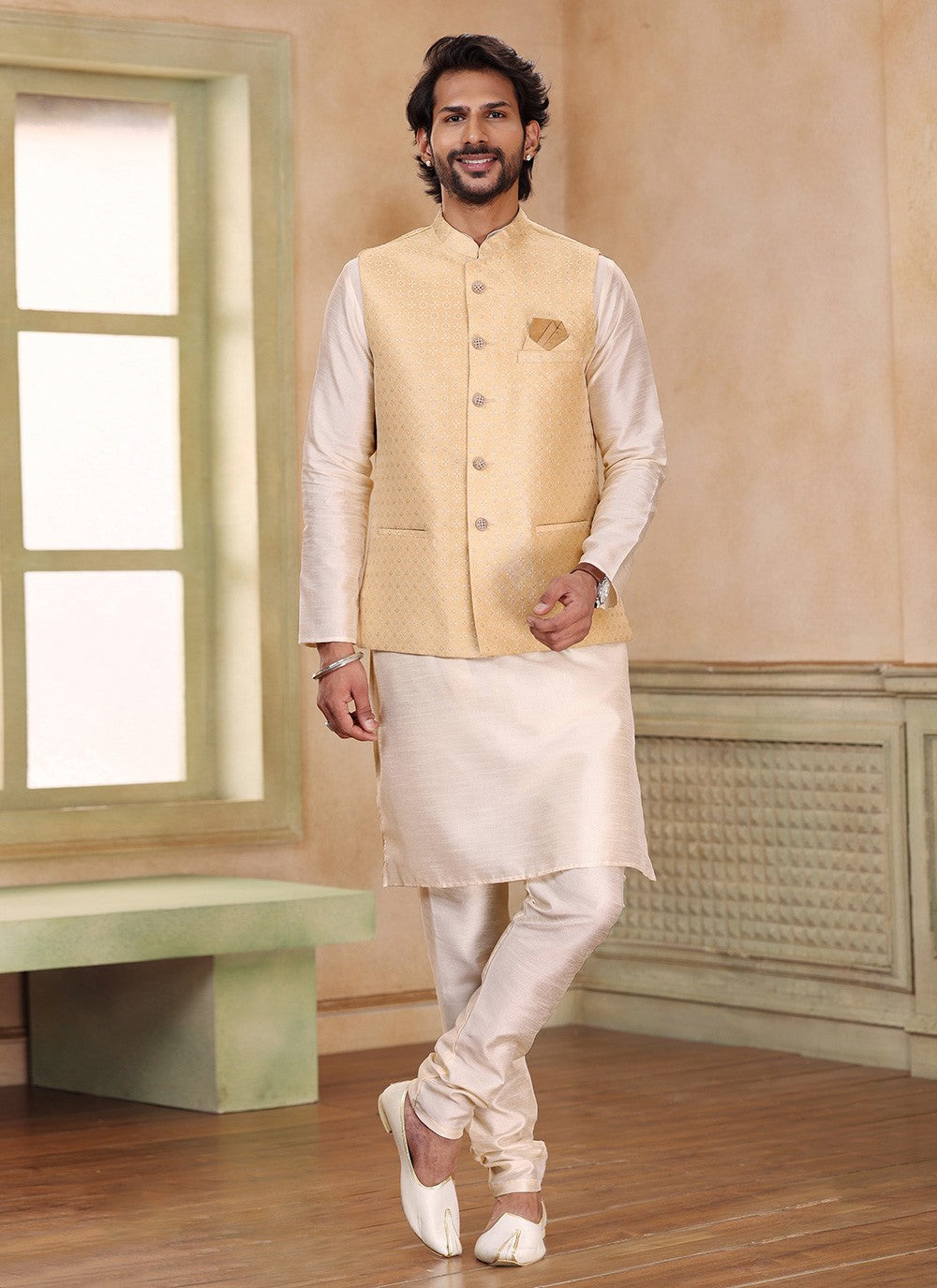 Embroidered Banarasi Jacquard Beige, Cream Kurta Payjama With Jacket - M5236