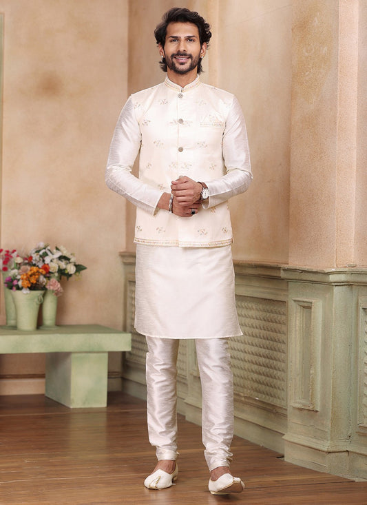 Embroidered Banarasi Jacquard Cream Kurta Payjama With Jacket - M5229