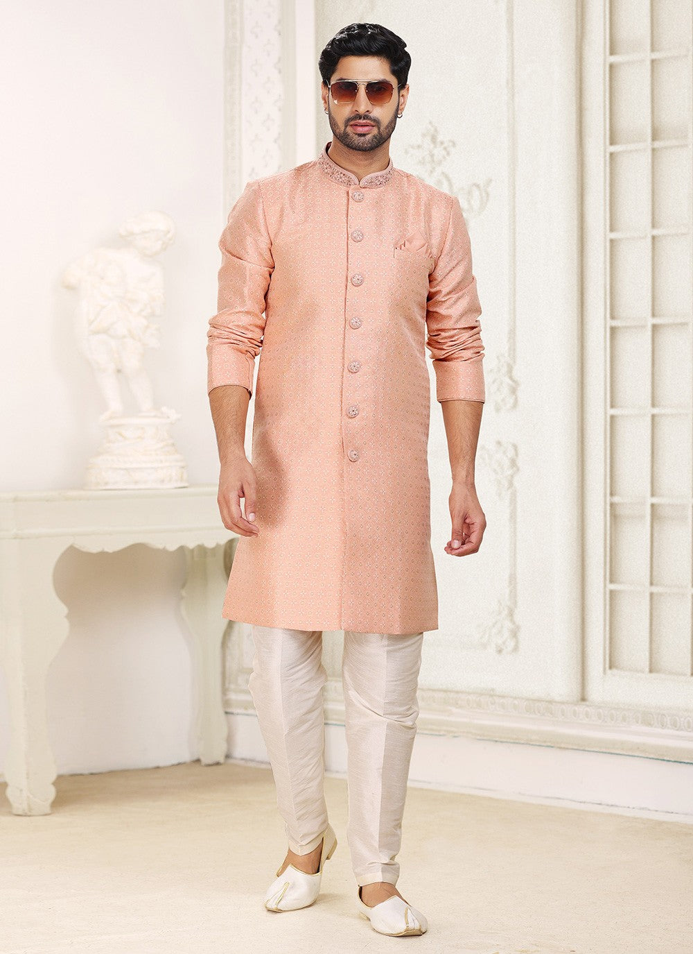 Embroidered Banarasi Jacquard Peach Indo Western - M5244