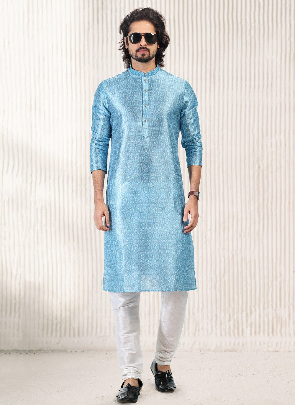 Fancy Work Banarasi Jacquard Aqua Blue Kurta Pyjama - M5186