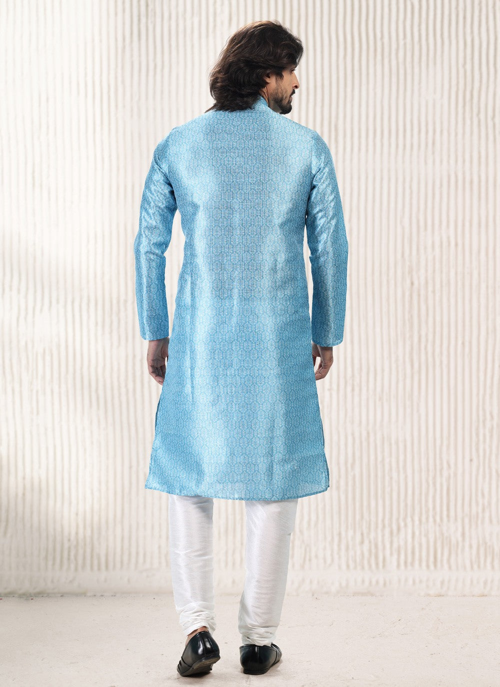 Fancy Work Banarasi Jacquard Aqua Blue Kurta Pyjama - M5186