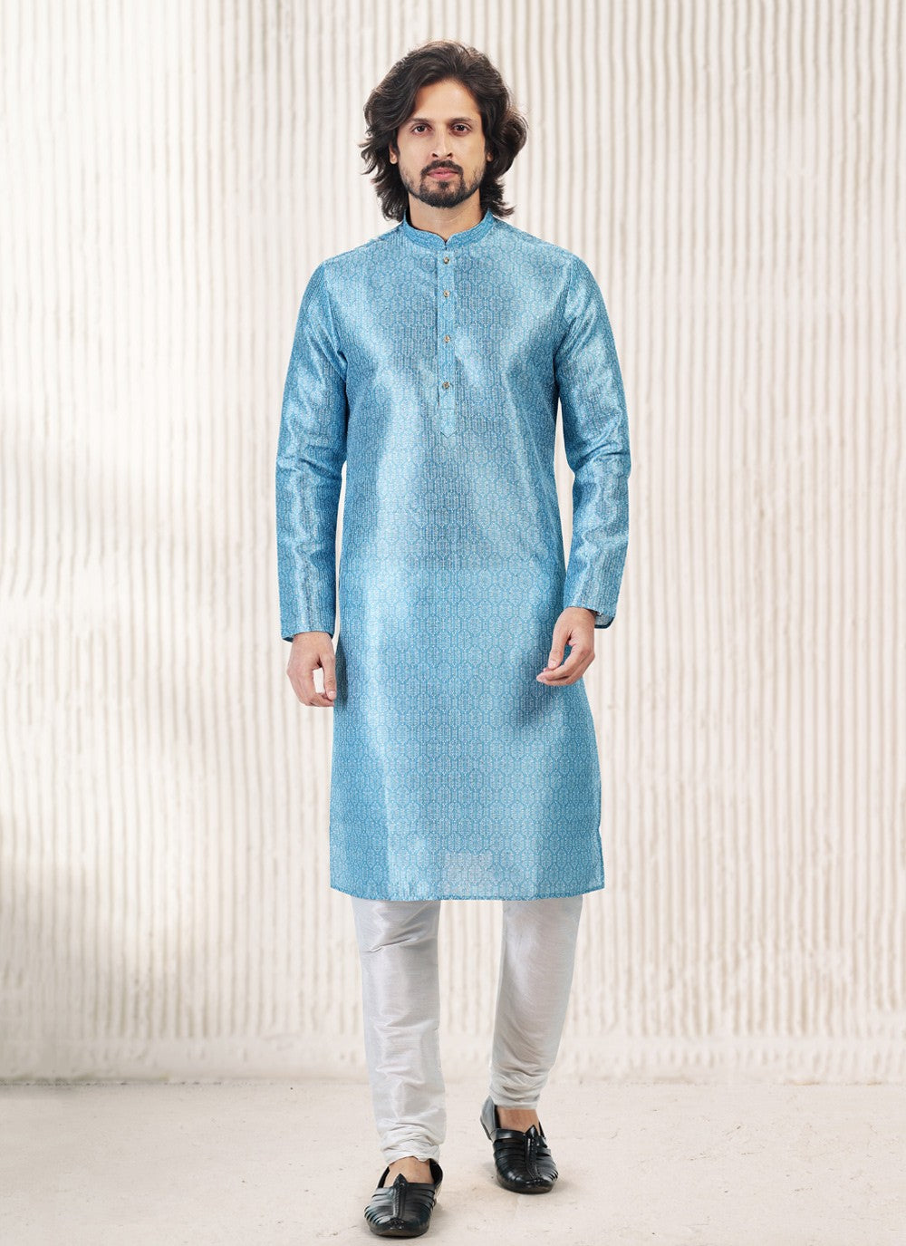 Fancy Work Banarasi Jacquard Aqua Blue Kurta Pyjama - M5186