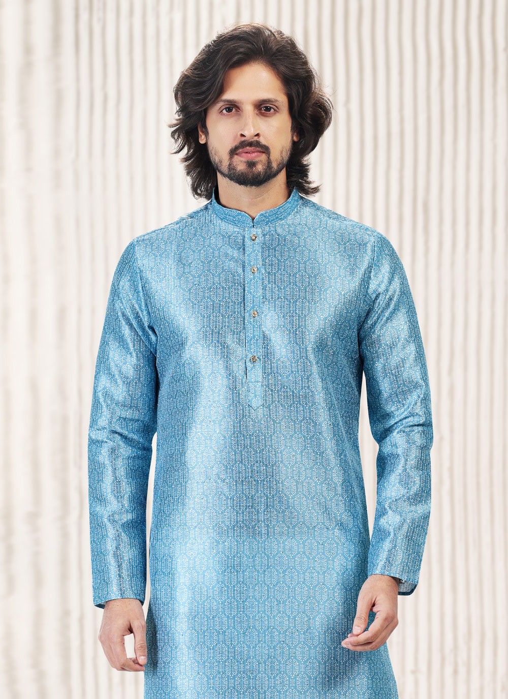 Fancy Work Banarasi Jacquard Aqua Blue Kurta Pyjama - M5186