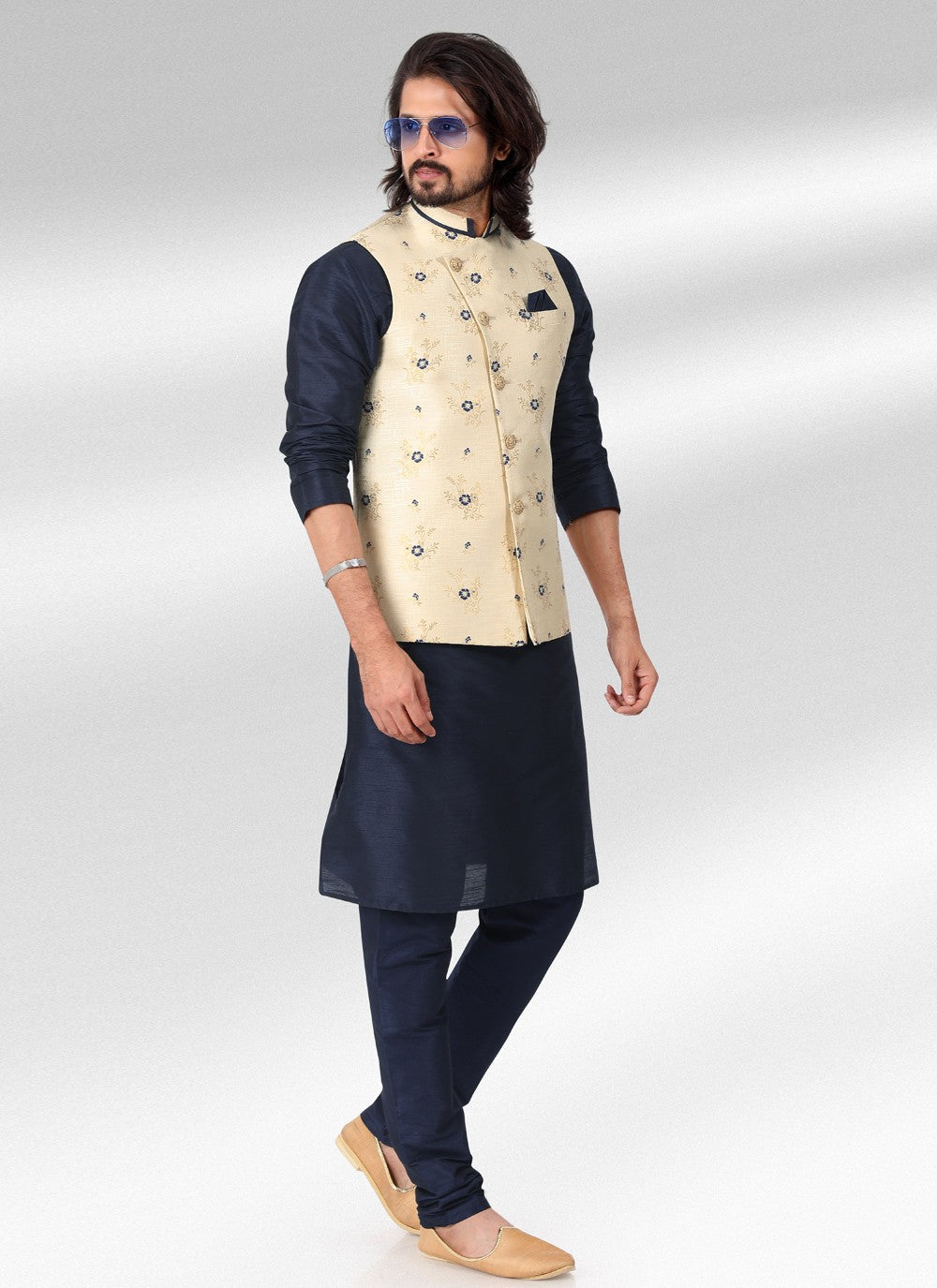 Fancy Work Banarasi Jacquard Blue, Cream Kurta Payjama With Jacket - M4601