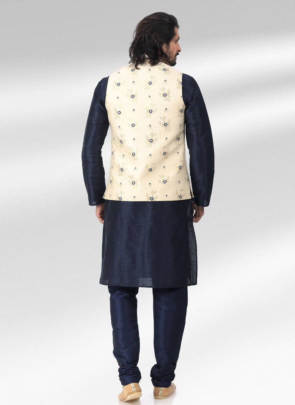 Fancy Work Banarasi Jacquard Blue, Cream Kurta Payjama With Jacket - M4601