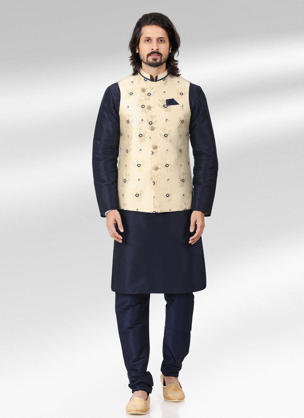 Fancy Work Banarasi Jacquard Blue, Cream Kurta Payjama With Jacket - M4601