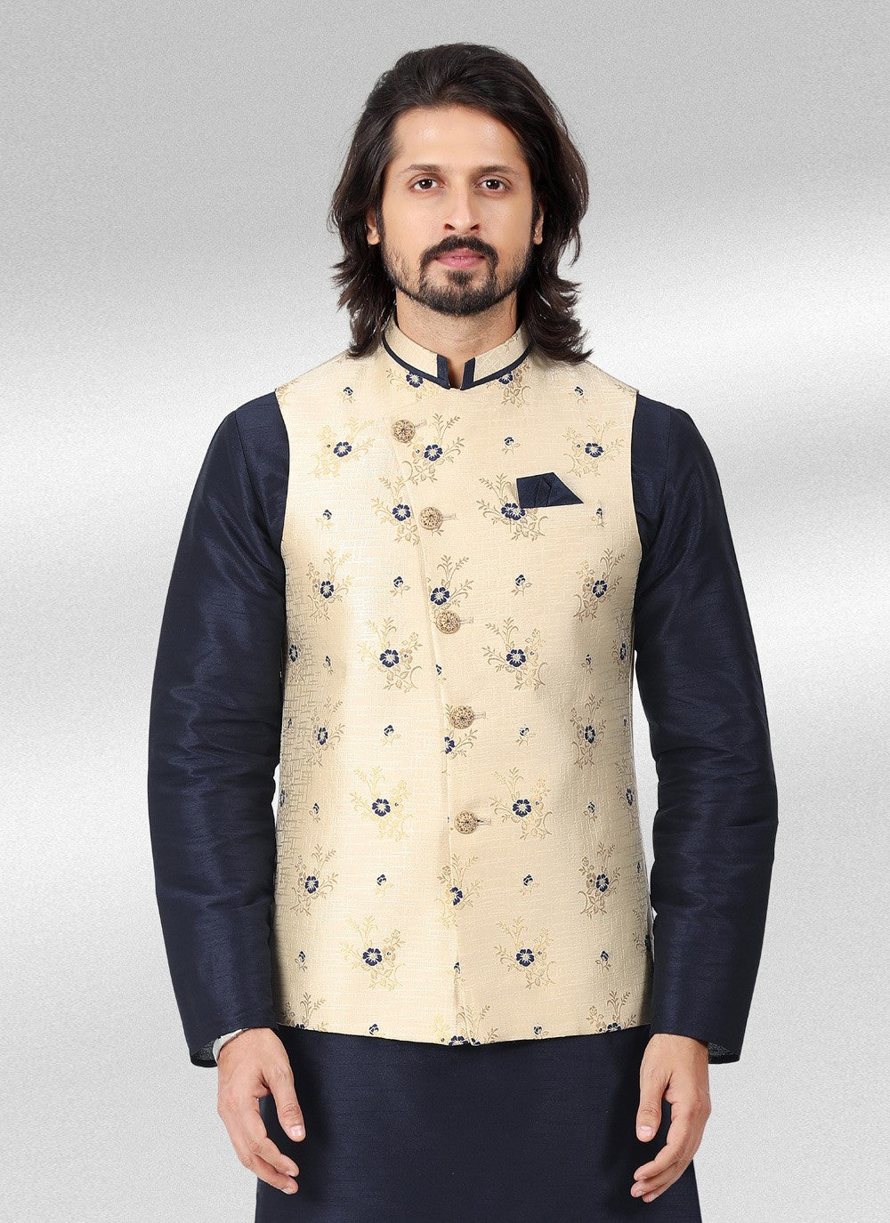 Fancy Work Banarasi Jacquard Blue, Cream Kurta Payjama With Jacket - M4601