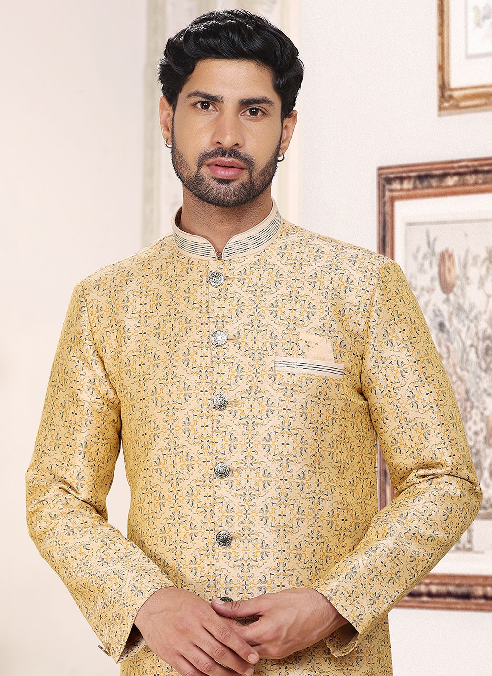 Fancy Work Banarasi Jacquard Cream Indo Western - M5208