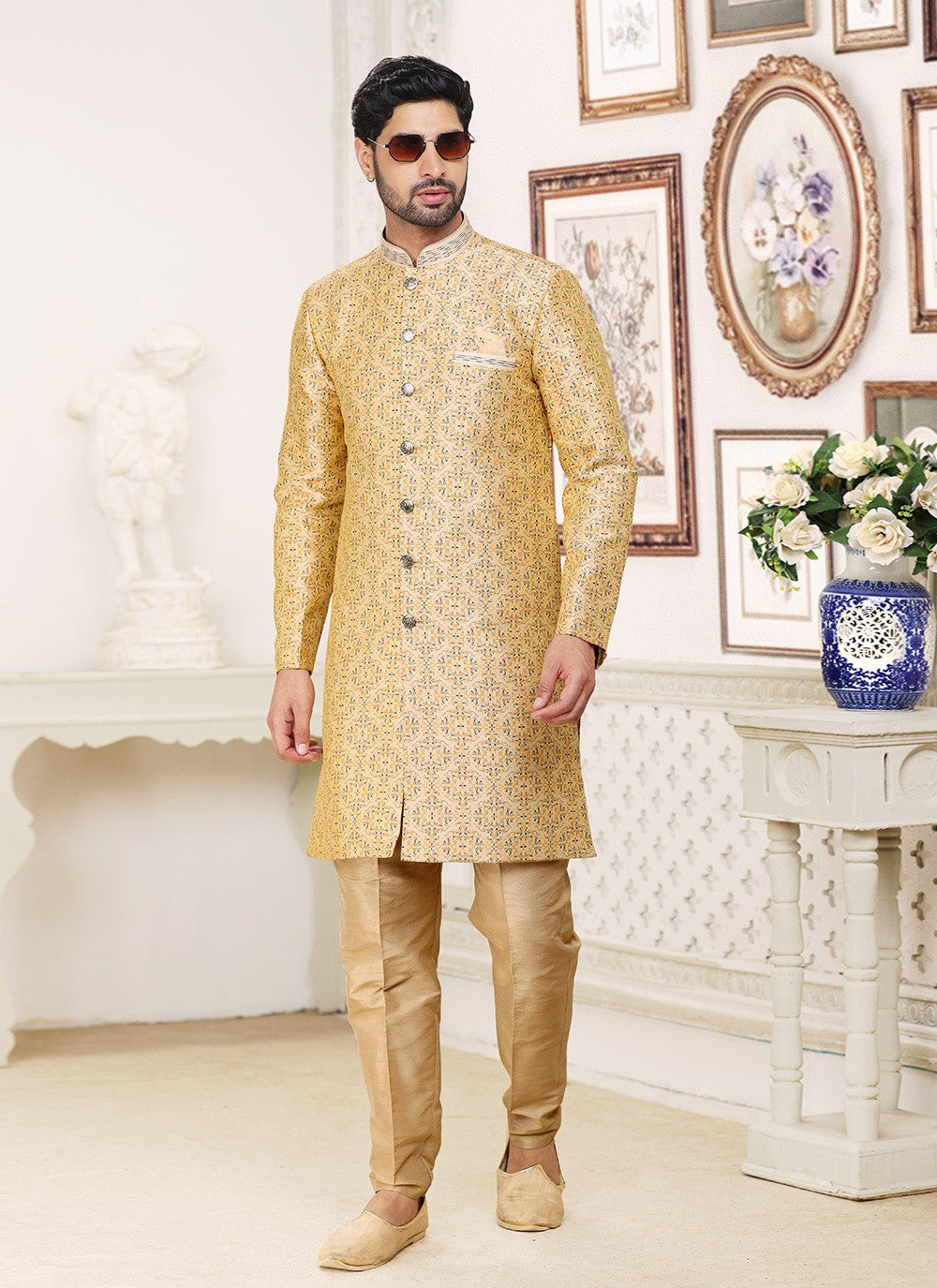 Fancy Work Banarasi Jacquard Cream Indo Western - M5208