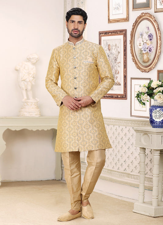 Fancy Work Banarasi Jacquard Cream Indo Western - M5208