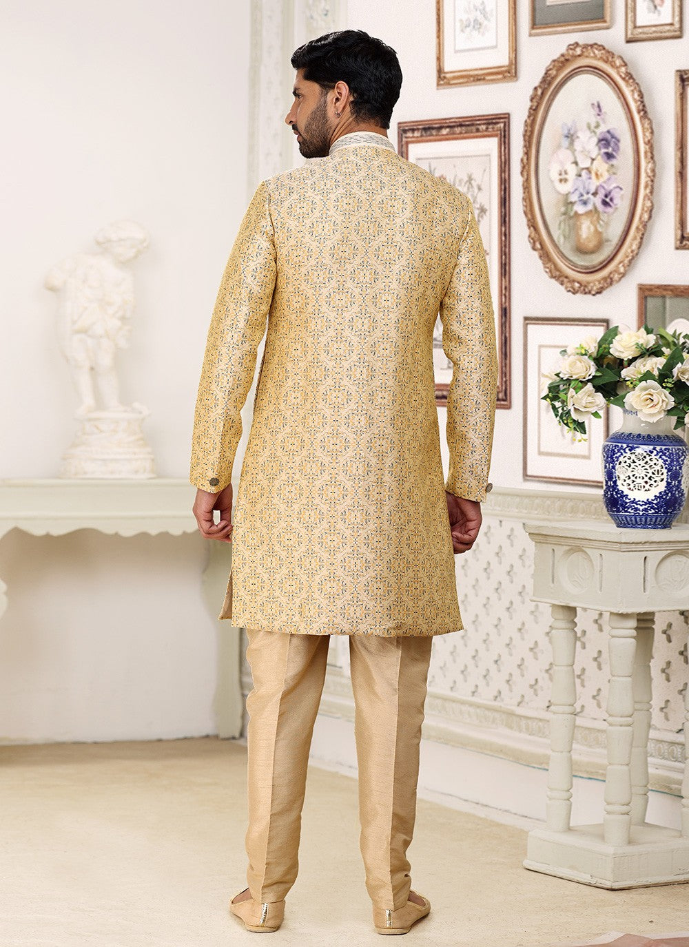 Fancy Work Banarasi Jacquard Cream Indo Western - M5208