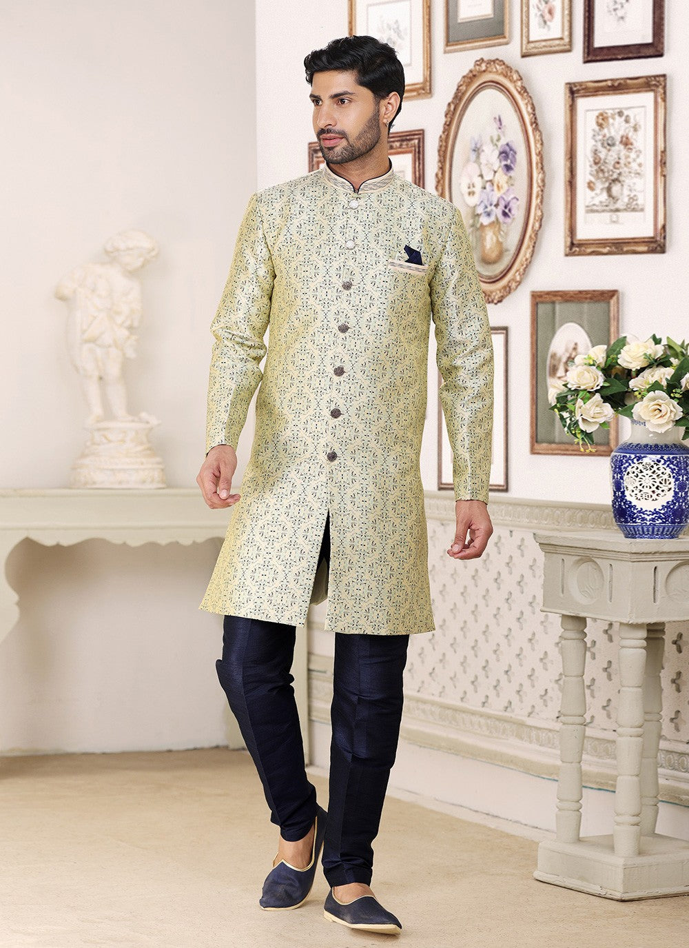 Fancy Work Banarasi Jacquard Cream Indo Western - M5248