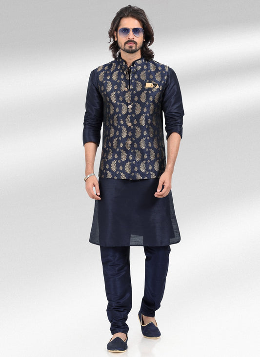 Fancy Work Banarasi Jacquard Blue Kurta Payjama With Jacket - M4603