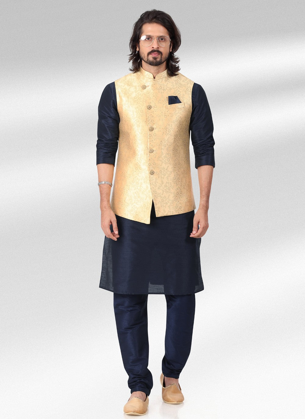 Fancy Work Banarasi Jacquard Blue, Cream Kurta Payjama With Jacket - M4599