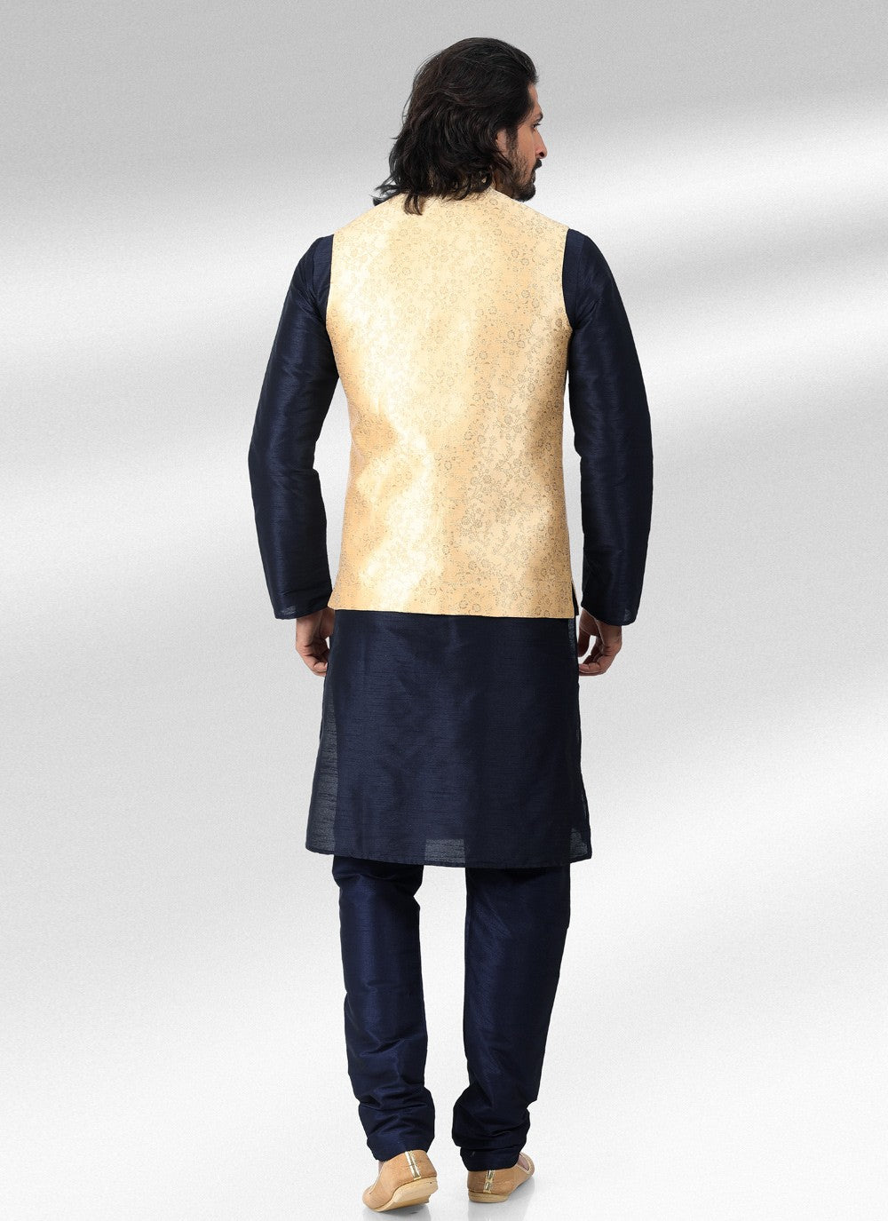 Fancy Work Banarasi Jacquard Blue, Cream Kurta Payjama With Jacket - M4599