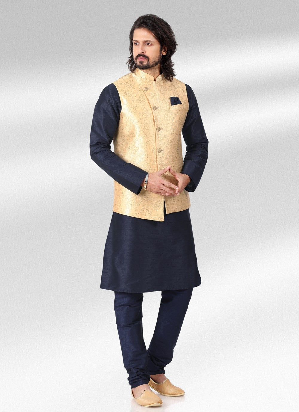 Fancy Work Banarasi Jacquard Blue, Cream Kurta Payjama With Jacket - M4599