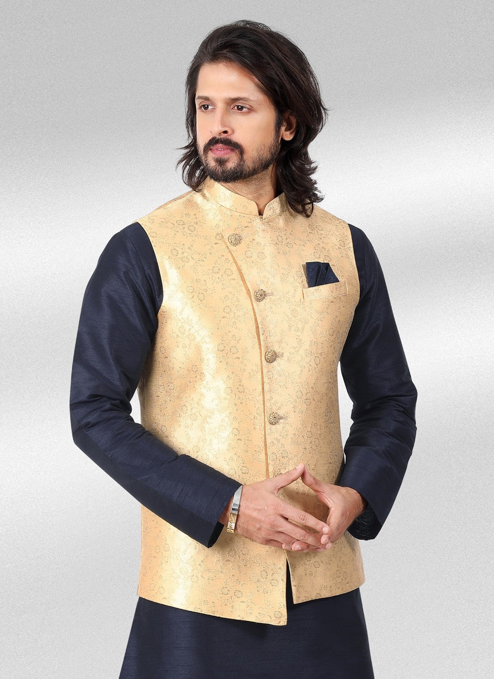 Fancy Work Banarasi Jacquard Blue, Cream Kurta Payjama With Jacket - M4599