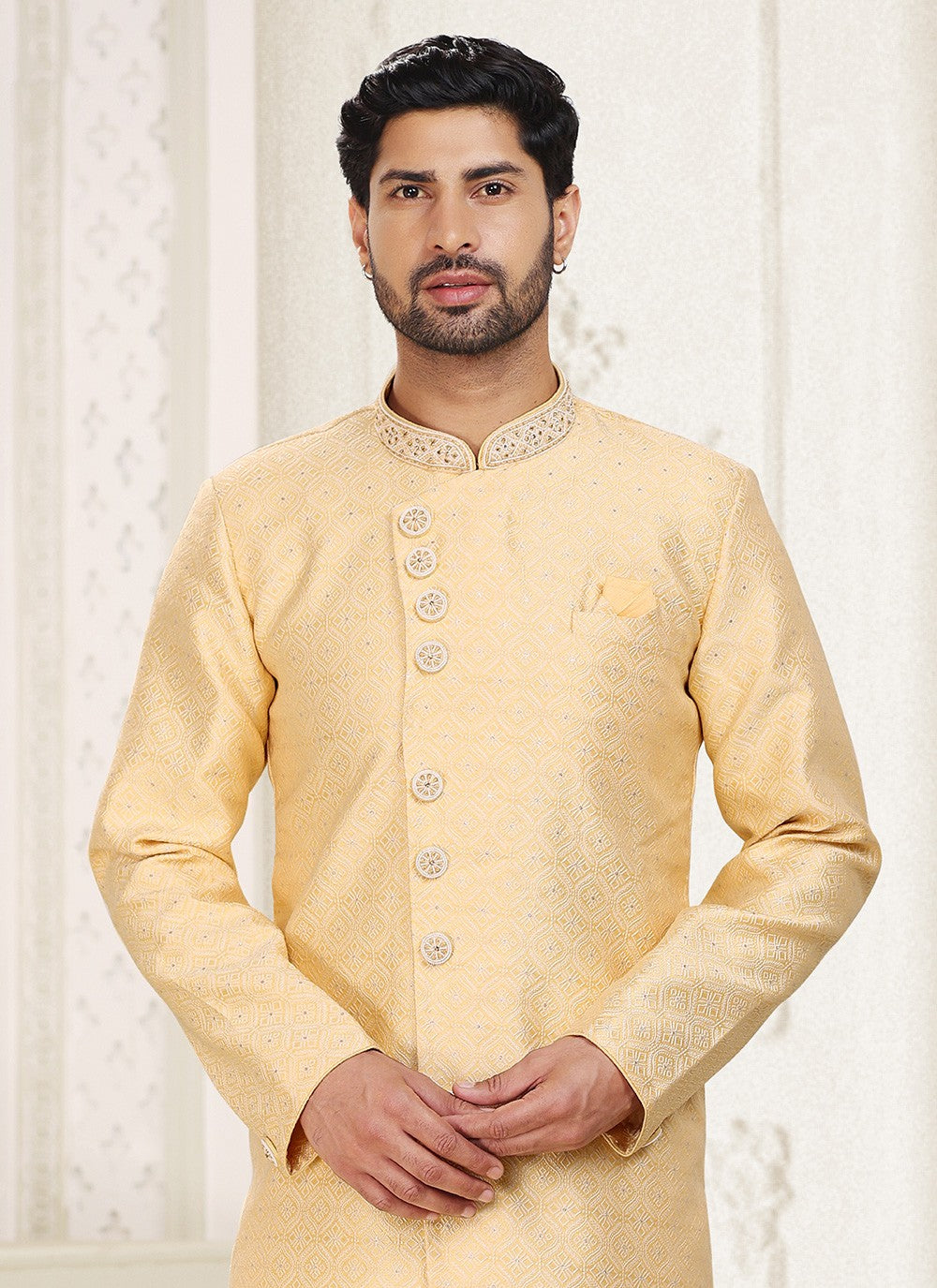 Fancy Work Banarasi Jacquard Yellow Indo Western - M5206