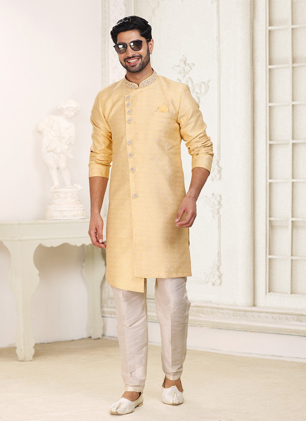 Fancy Work Banarasi Jacquard Yellow Indo Western - M5206