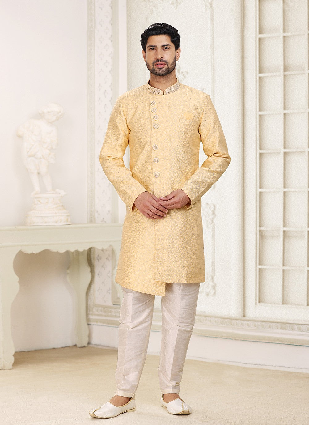 Fancy Work Banarasi Jacquard Yellow Indo Western - M5206