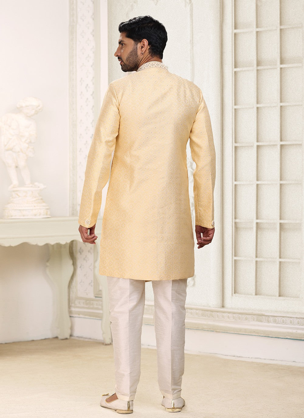 Fancy Work Banarasi Jacquard Yellow Indo Western - M5206