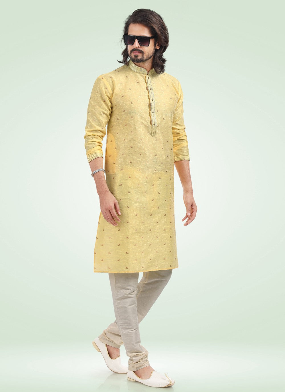 Fancy Work Banarasi Jacquard Yellow Kurta Pyjama - M4571