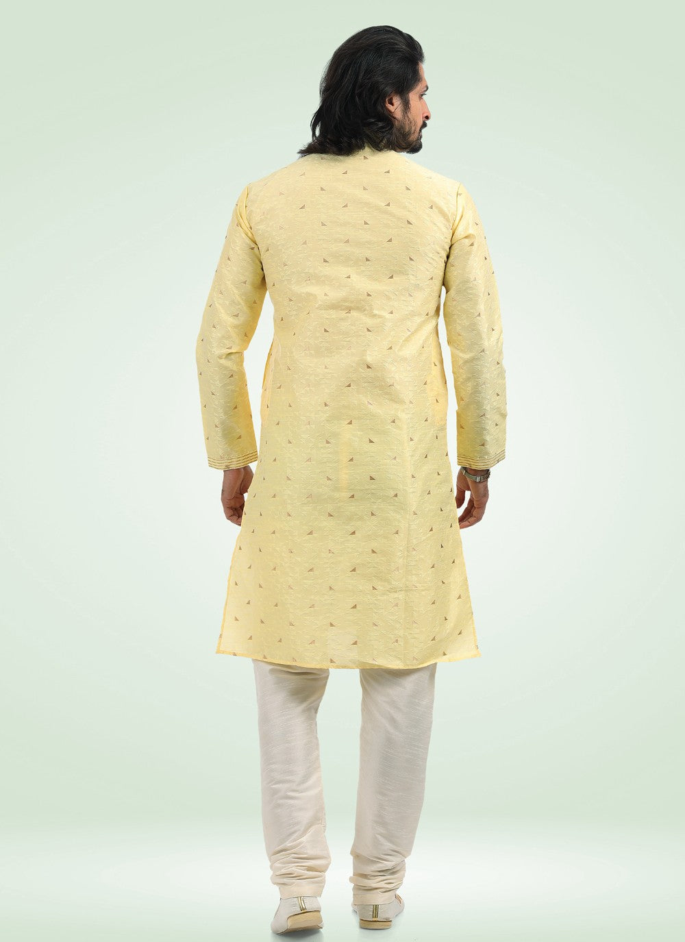 Fancy Work Banarasi Jacquard Yellow Kurta Pyjama - M4571