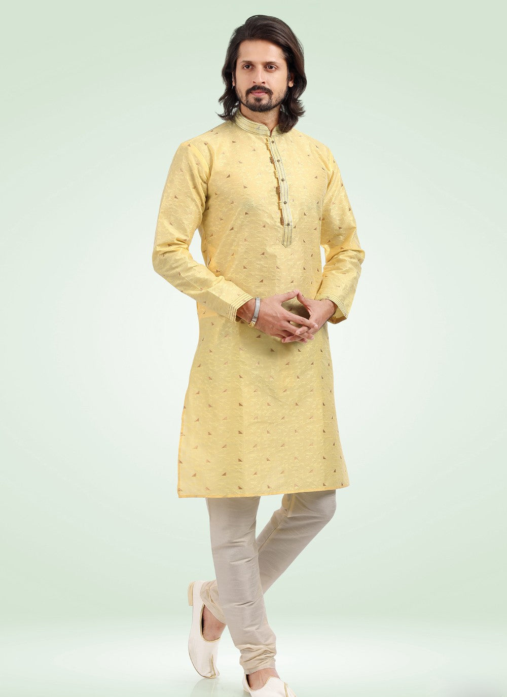 Fancy Work Banarasi Jacquard Yellow Kurta Pyjama - M4571