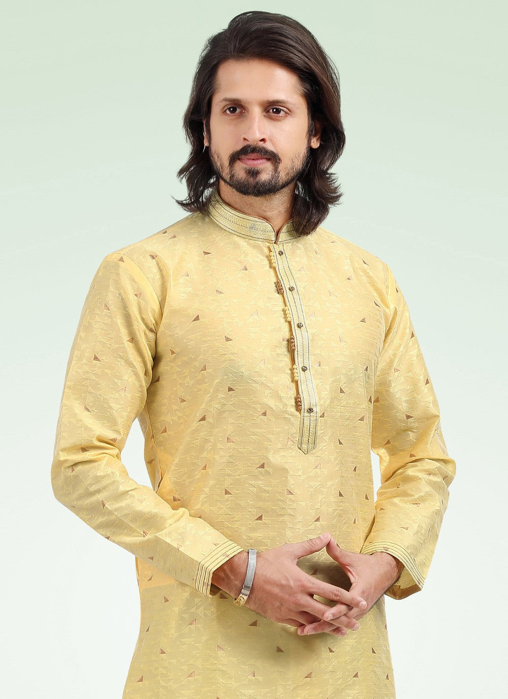 Fancy Work Banarasi Jacquard Yellow Kurta Pyjama - M4571