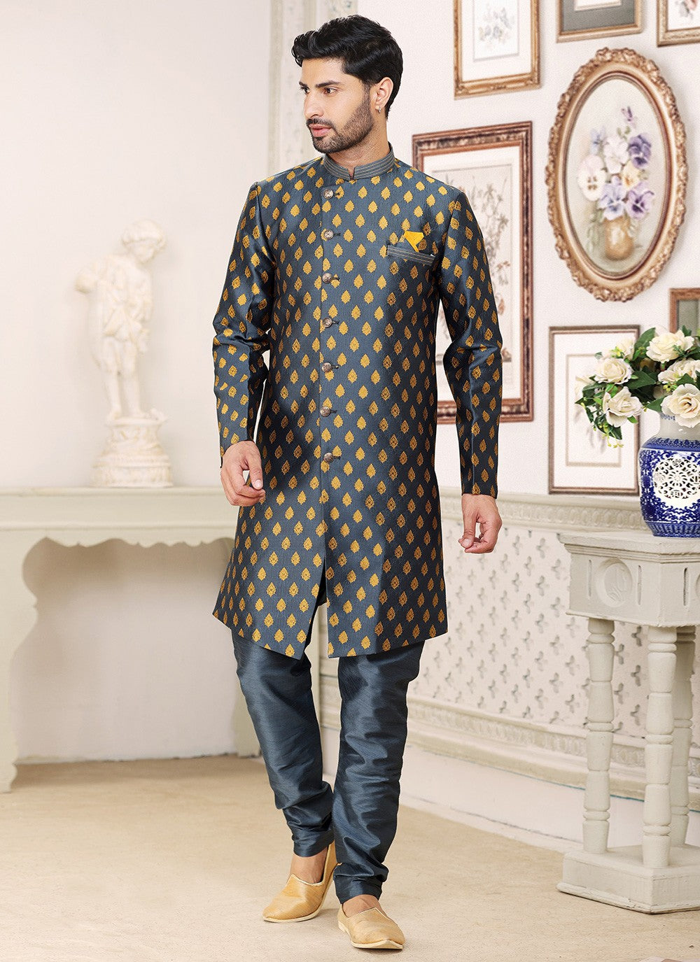 Fancy Work Banarasi Jacquard Grey Indo Western - M5251