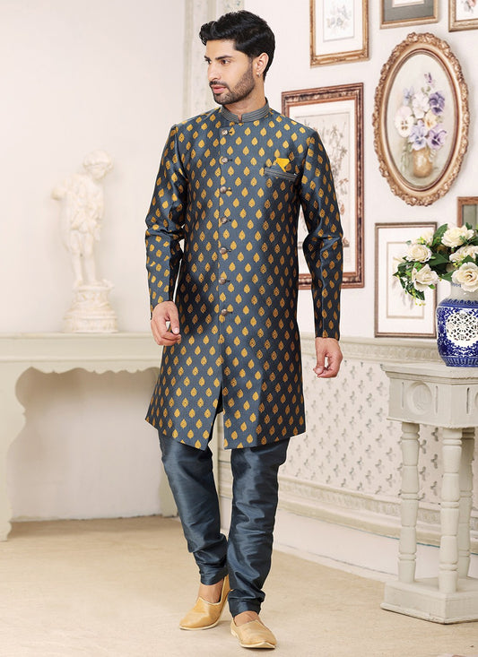 Fancy Work Banarasi Jacquard Grey Indo Western - M5251