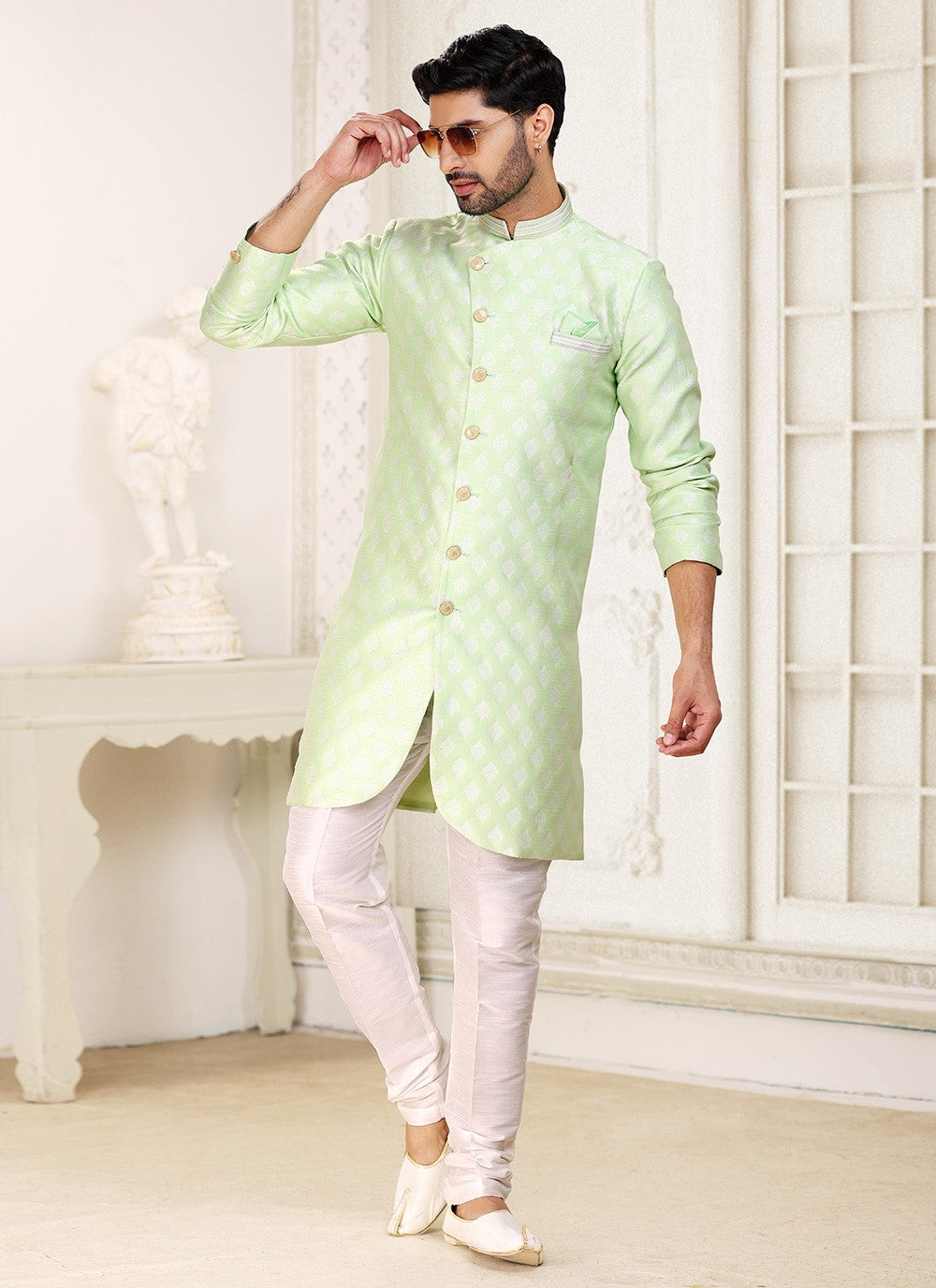 Jacquard Work Banarasi Jacquard Green Indo Western - M5279