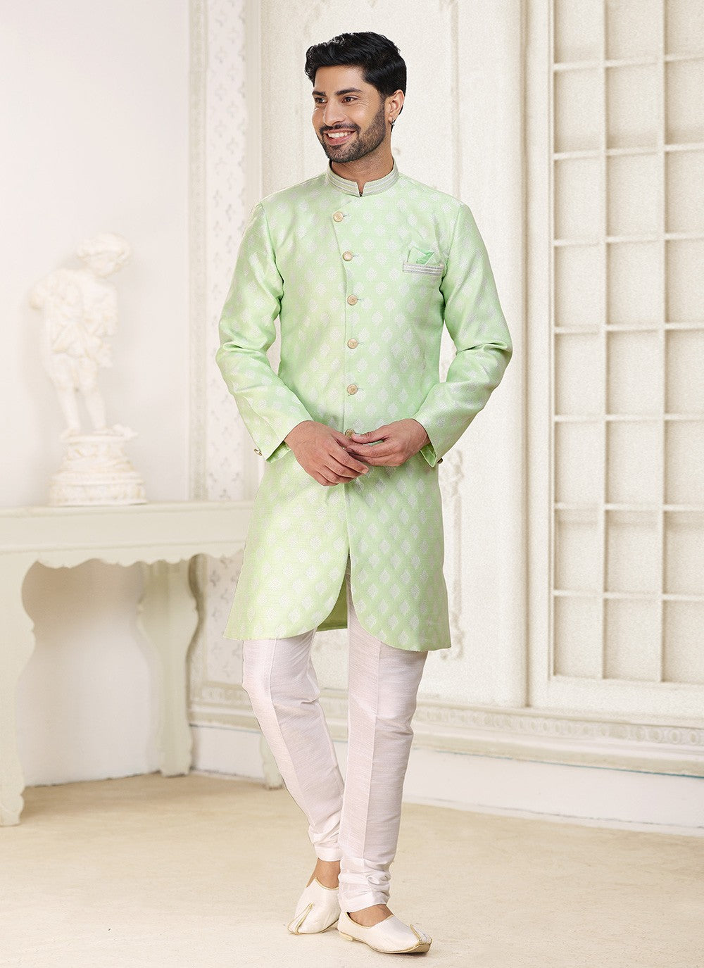 Jacquard Work Banarasi Jacquard Green Indo Western - M5279