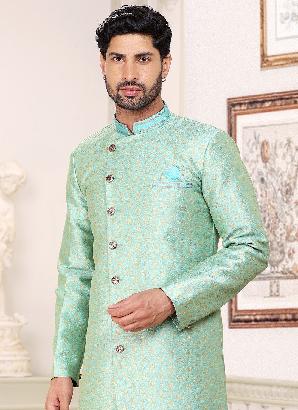 Jacquard Work Banarasi Jacquard Green Indo Western - M5283