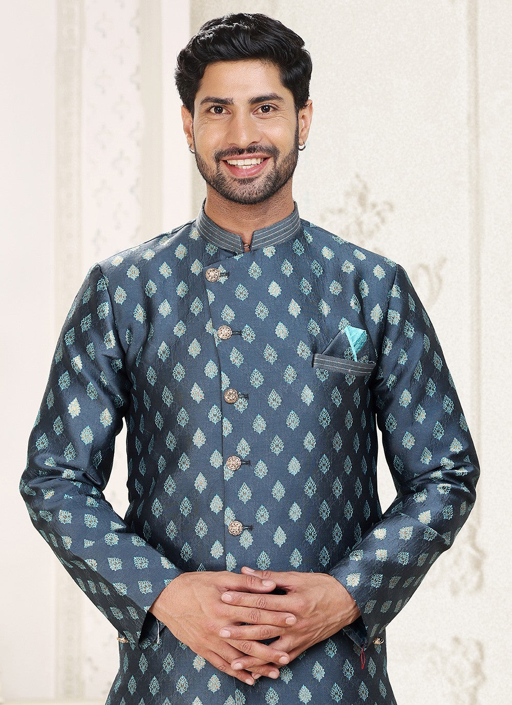 Fancy Work Banarasi Jacquard Grey Indo Western - M5213