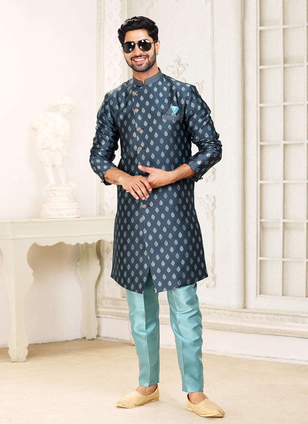 Fancy Work Banarasi Jacquard Grey Indo Western - M5213