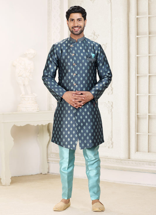 Fancy Work Banarasi Jacquard Grey Indo Western - M5213